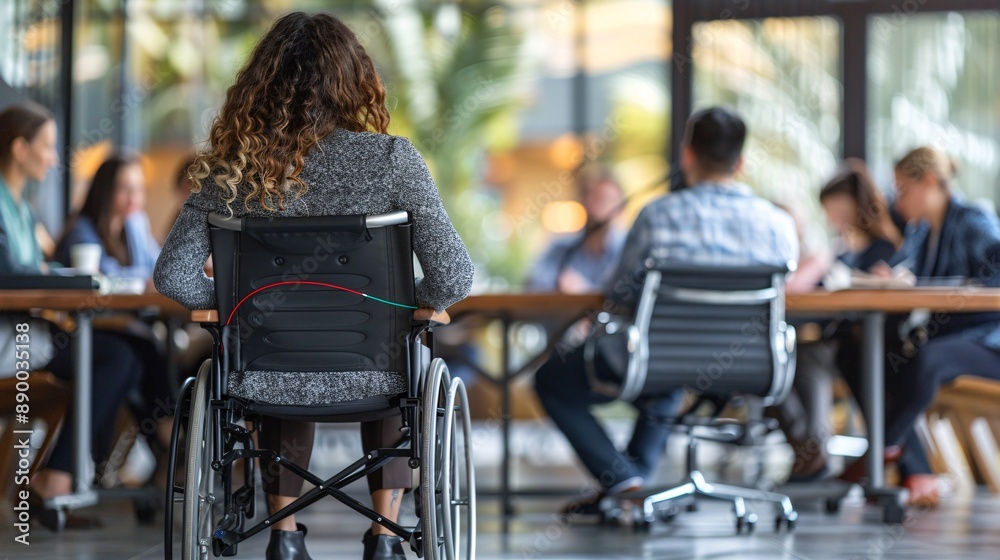 Aufkleber A team meeting where a hearing-impaired employee uses a loop system to hear the conversation clearly Stock Photo with copy space