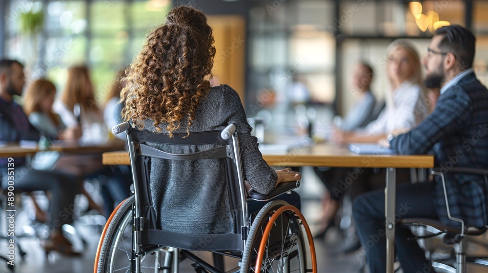 Aufkleber A team meeting where a hearing-impaired employee uses a loop system to hear the conversation clearly Stock Photo with copy space