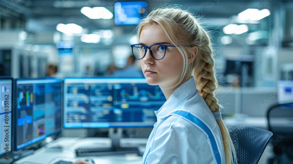Aufkleber An inclusive workplace where an employee with a disability uses adaptive technology to manage data on a computer Stock Photo with copy space