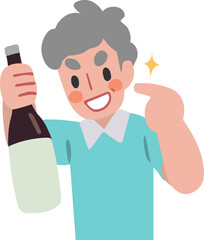 片手に一升瓶・日本酒を持ち、指さすシニア男性のイラスト