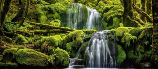 Naklejka premium Serene Waterfall Cascading Through Lush Greenery