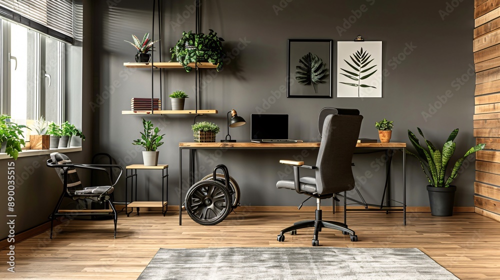 Poster a home office setup with ergonomic furniture and adaptive equipment for a remote worker with a disab