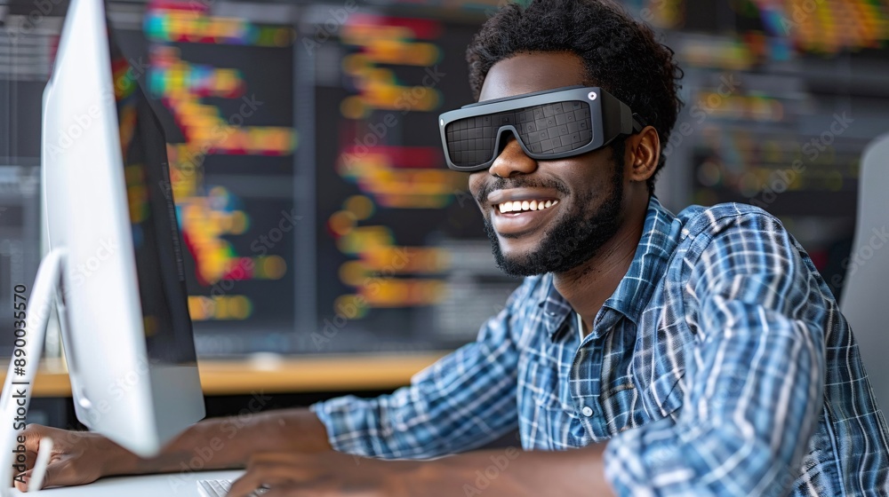 Poster A visually impaired professional using a screen reader and Braille display to navigate their computer from a home office Stock Photo with copy space