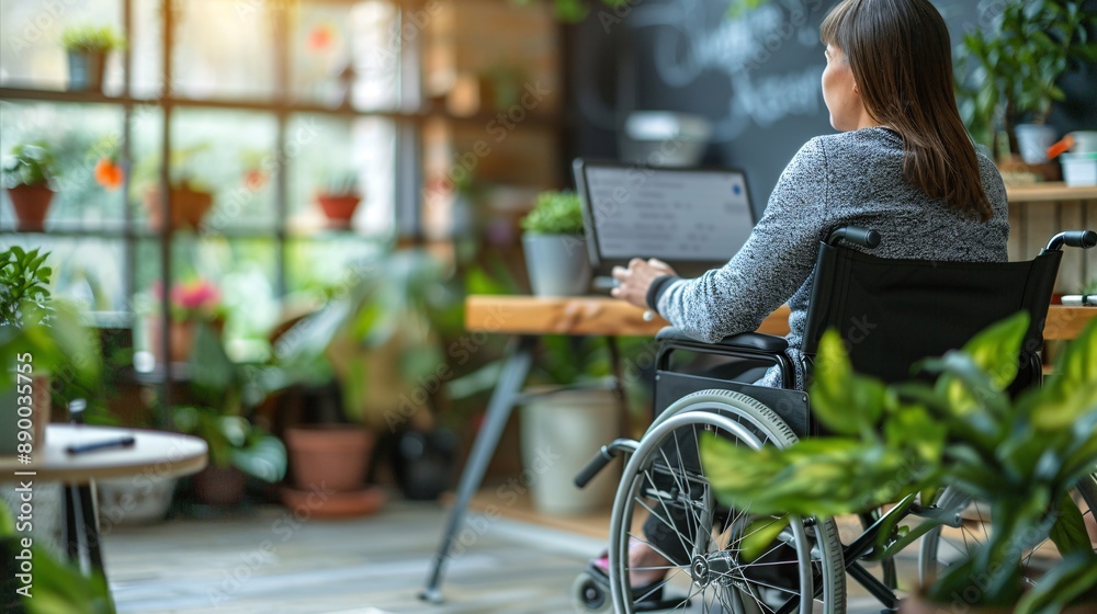 Aufkleber A person with limited mobility using speech recognition software to dictate emails and complete tasks in a home office setting Stock Photo with copy space