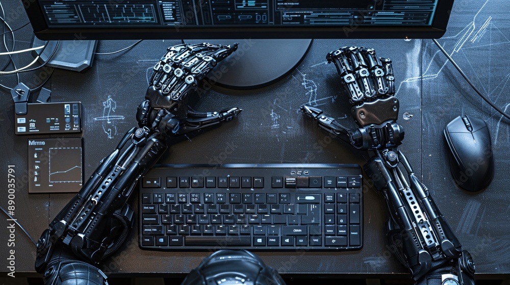 Aufkleber a remote worker with a prosthetic arm typing on a keyboard and participating in a video conference c