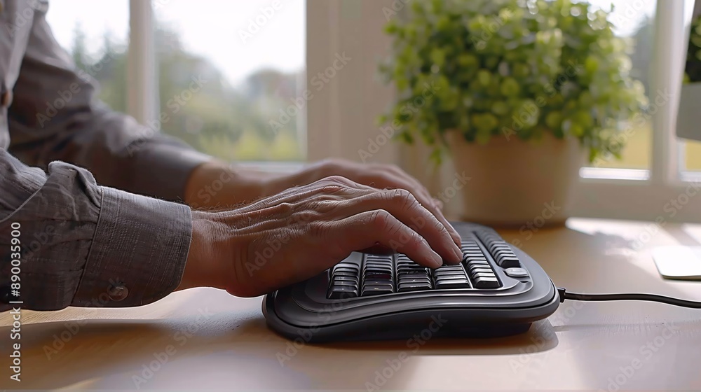Poster a person with limited hand mobility using an ergonomic keyboard and mouse to work from a home office