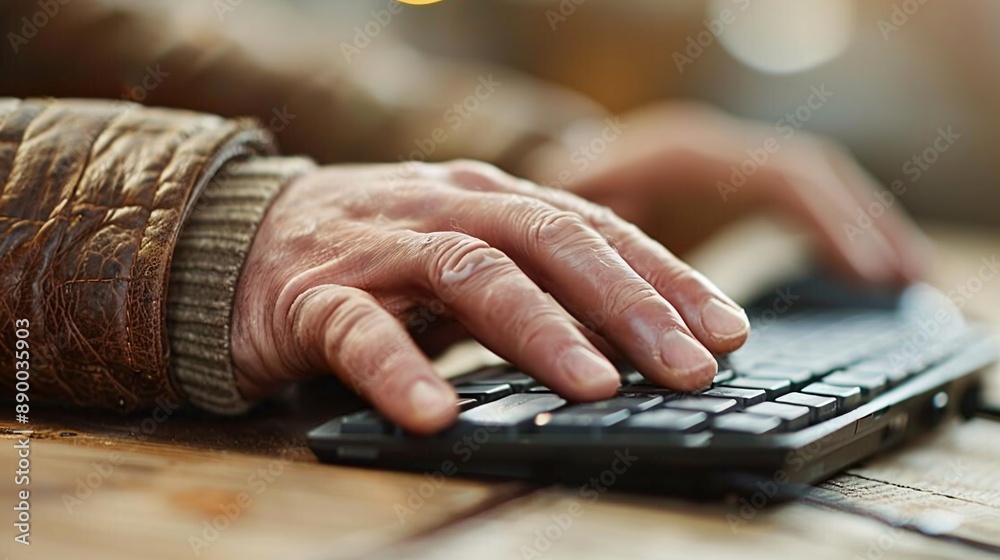 Poster A person with limited hand mobility using an ergonomic keyboard and mouse to work from a home office Stock Photo with copy space