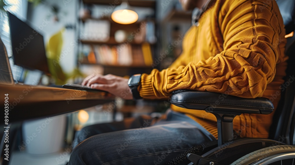 Poster a person with limited hand mobility using an ergonomic keyboard and mouse to work from a home office