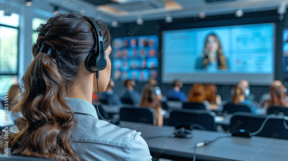 Poster A remote worker with a hearing impairment using a loop system to participate in a virtual meeting Stock Photo with copy space