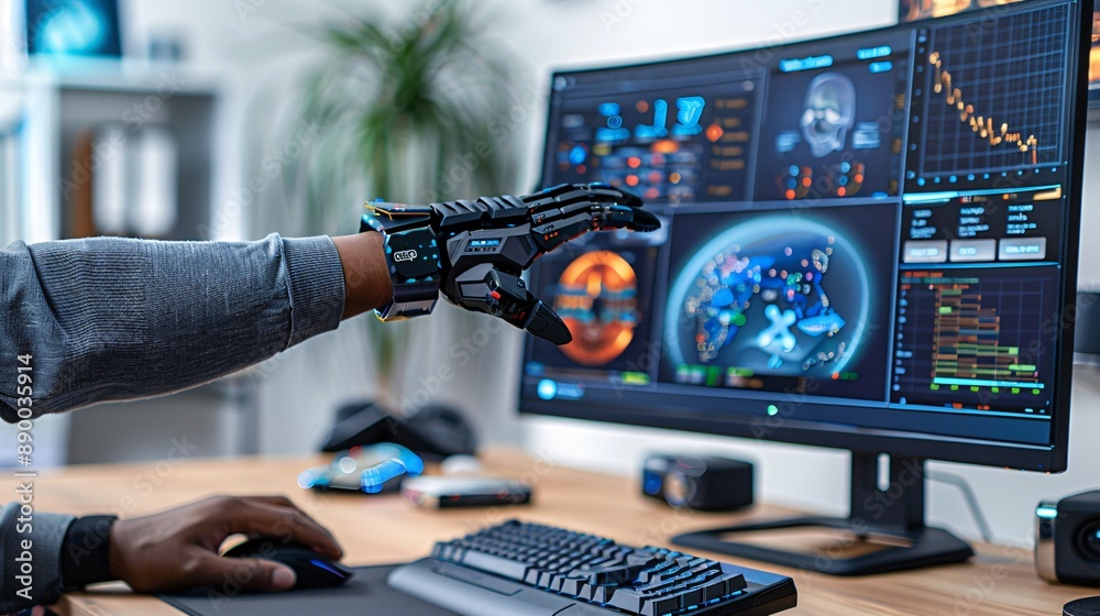 Poster A person with limited hand mobility using an ergonomic keyboard and mouse to work from a home office Stock Photo with copy space
