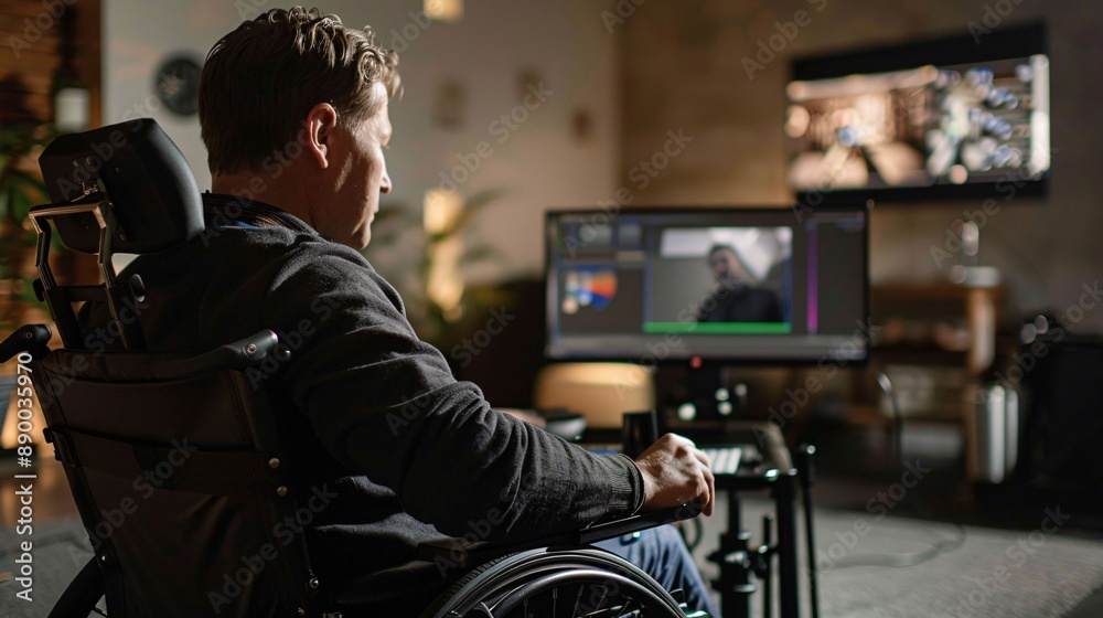 Poster A creative professional with a disability using adaptive equipment to design graphics from a home studio Stock Photo with copy space