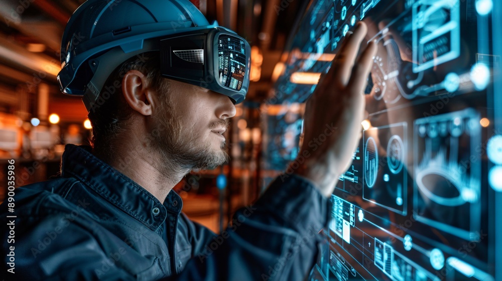 Poster A visually impaired worker using a tactile graphics display to present a project during a virtual meeting Stock Photo with copy space