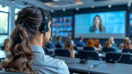 A remote worker with a hearing impairment using a loop system to participate in a virtual meeting Stock Photo with copy space