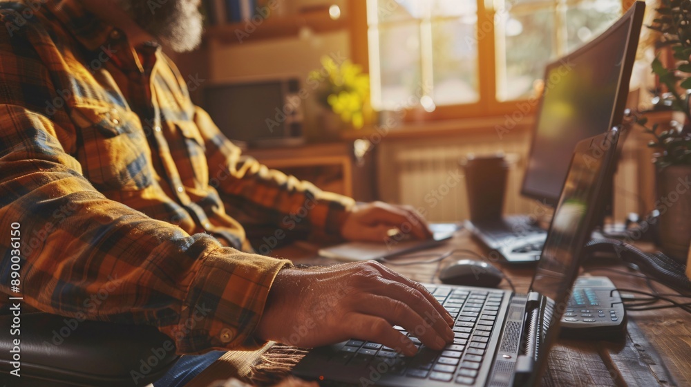 Poster A person with a prosthetic limb using adaptive software to work efficiently from home Stock Photo with copy space