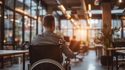 A remote worker with limited mobility using assistive technology and video conferencing tools to collaborate with colleagues Stock Photo with copy space