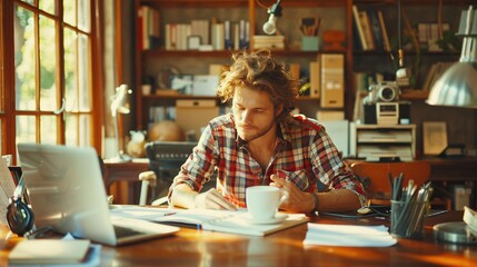An employee with a mobility aid accessing an adjustable workstation in a home office setup designed for accessibility Stock Photo with copy space