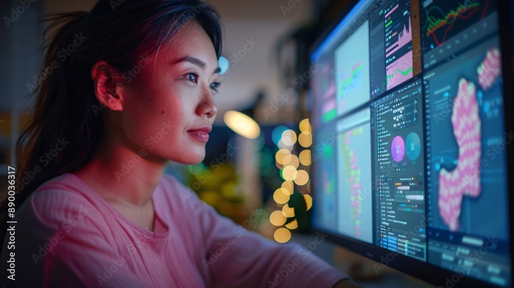 Poster A visually impaired professional using a screen magnifier and other adaptive technology to manage their daily tasks from home Stock Photo with copy space