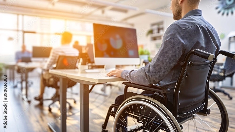 Aufkleber An individual with a disability using a touch screen and adaptive software to perform tasks efficiently from a home office Stock Photo with copy space