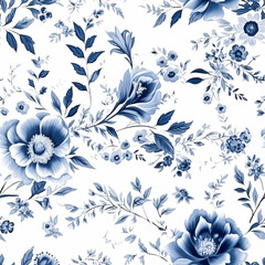 Seamless floral pattern, tileable blue and white country style print with flowers for wallpaper, wrapping paper, scrapbook, fabric and product design, post-processed, generative ai