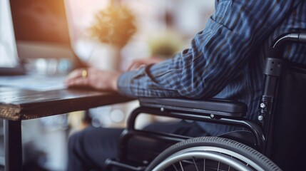 Obraz premium A person with limited hand mobility using speech-to-text software to write a report from a home office Stock Photo with copy space