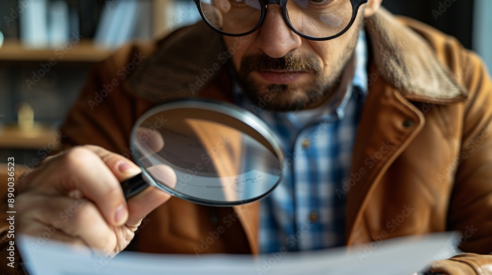 Leinwandbilder A person with a visual impairment using a magnifying device to read documents while working from a home office Stock Photo with copy space