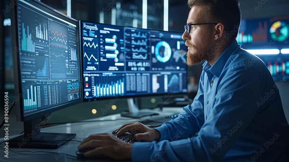 Aufkleber A business owner with a visual impairment using adaptive technology to analyze market trends on a computer Stock Photo with copy space