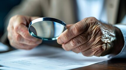 A person with a visual impairment using a magnifying device to read documents while working from a home office Stock Photo with copy space