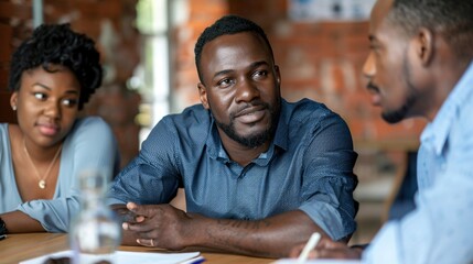 Obraz premium An entrepreneur with a disability managing a team meeting in a modern office setting Stock Photo with copy space