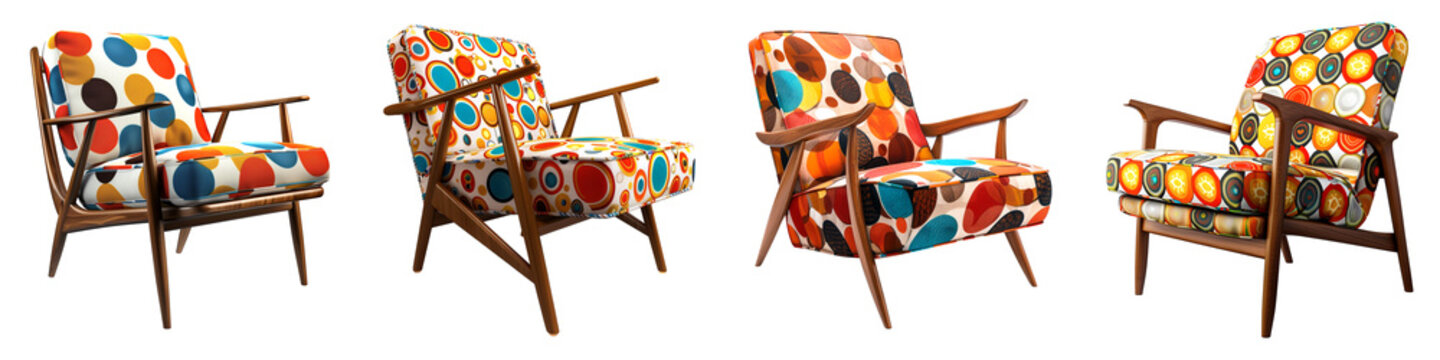  Fabric chair with wooden legs, retro style, colorful vintage pattern