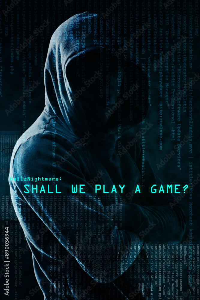 Poster Hologram, thief and dangerous hacker in hoodie on dark or black background with code, fraud and virus. Play game, text and shadow of evil man ready for cyber attack, stealing password and online scam