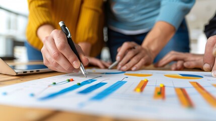 Obraz premium A visually impaired entrepreneur using tactile graphics to present a business plan to investors Stock Photo with copy space