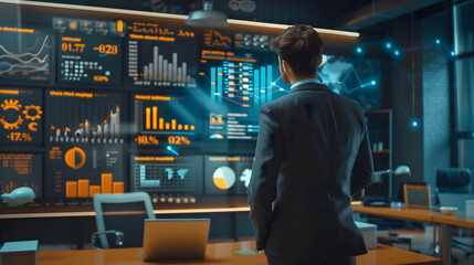A suited man facing numerous virtual reality projections of data and charts, in an office setting, depicting a business elite.