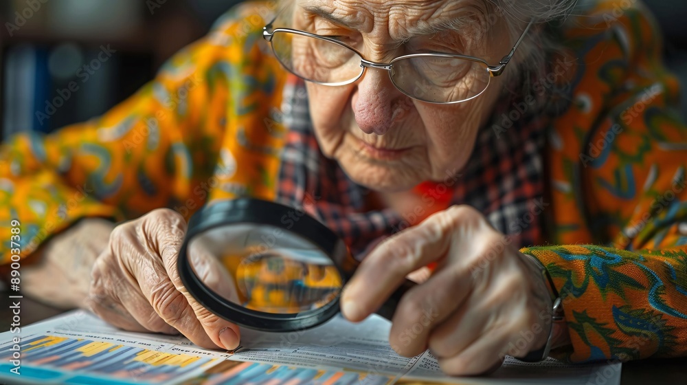 Poster A visually impaired business owner reading a financial report using a magnifying device Stock Photo with copy space