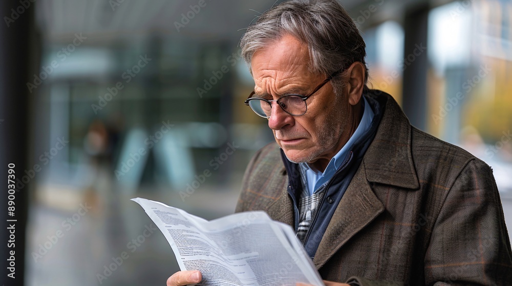 Poster a visually impaired business owner reading a financial report using a magnifying device stock photo 