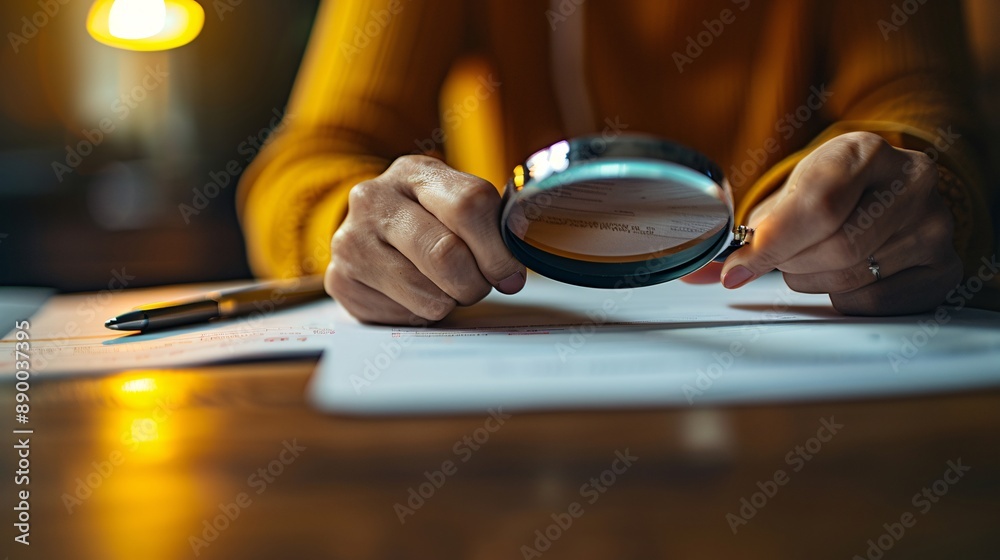 Poster A visually impaired business owner reading a financial report using a magnifying device Stock Photo with copy space