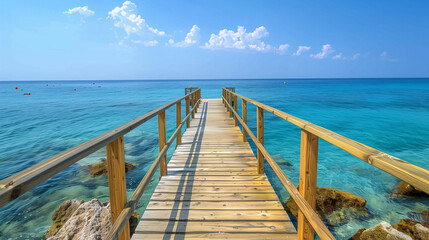 Fototapeta premium Boardwalk wharf over blue water in the summer.