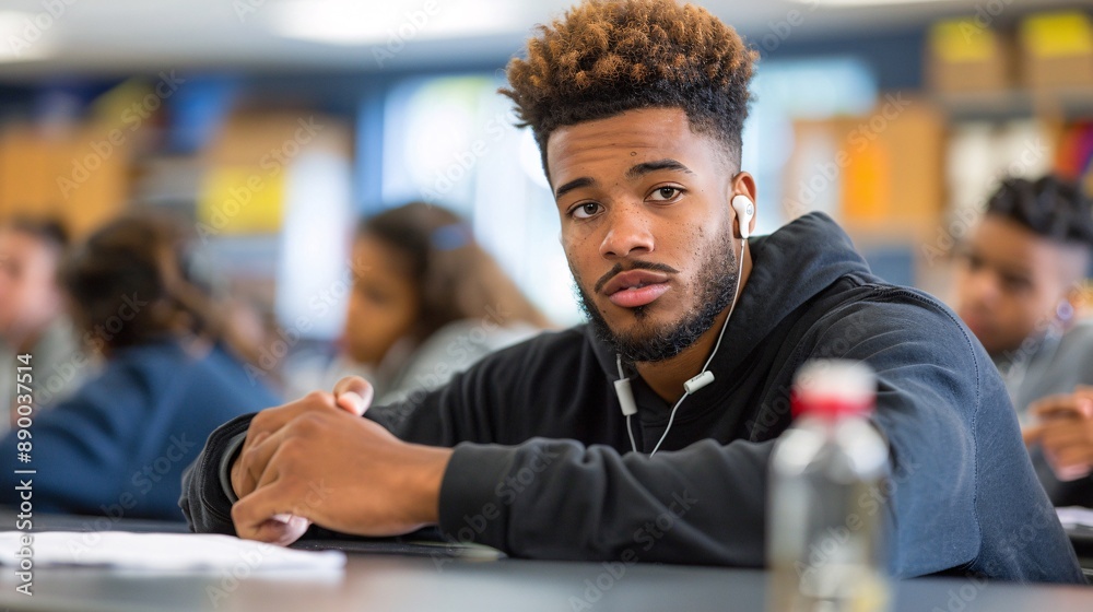 Poster a student with a hearing aid participating in an interactive classroom discussion stock photo with c