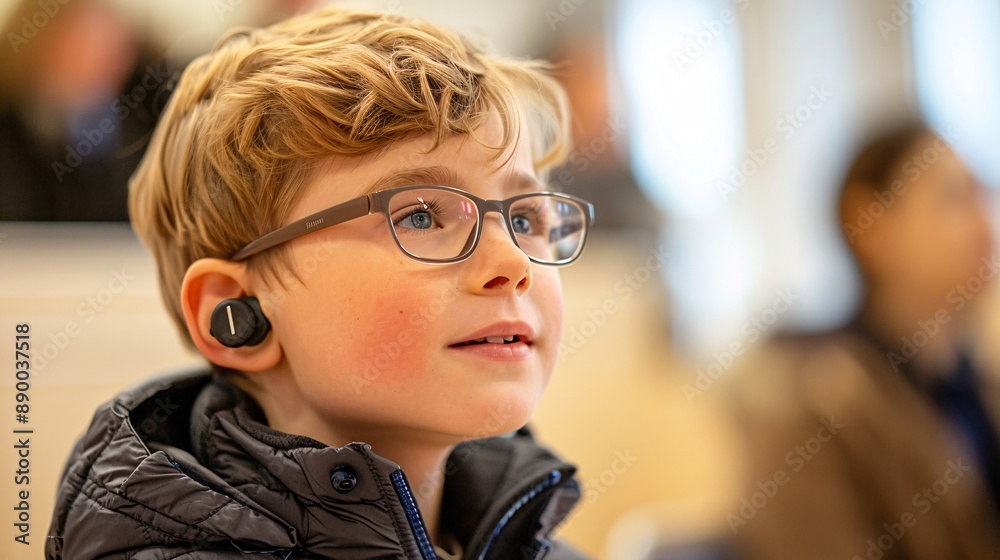 Poster a student with a hearing aid participating in an interactive classroom discussion stock photo with c