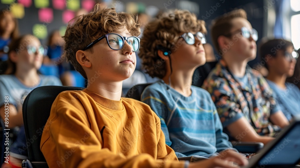 Aufkleber a classroom where students with disabilities are using tablets with screen readers stock photo with 