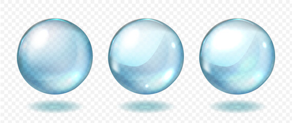 Water bubble set, realistic collagen oil or essence, model isolated on transparent background. Vector circle water drop icon