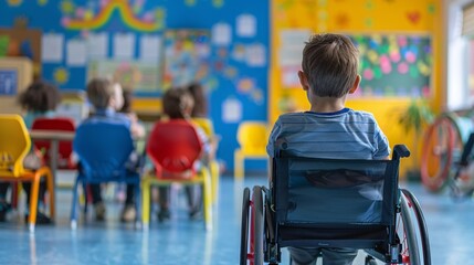 A classroom where students with disabilities are using tablets with screen readers Stock Photo with copy space