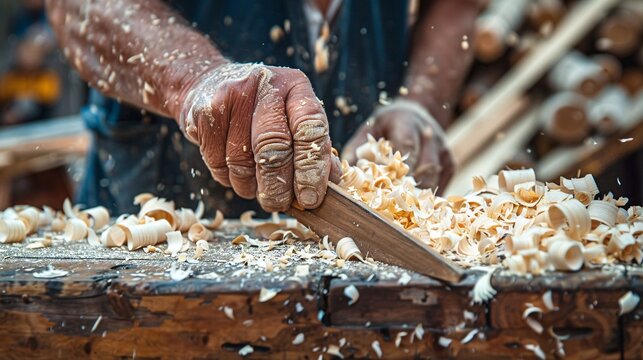 A hands-on workshop where individuals with disabilities are learning carpentry skills Stock Photo with copy space