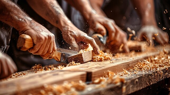 A hands-on workshop where individuals with disabilities are learning carpentry skills Stock Photo with copy space