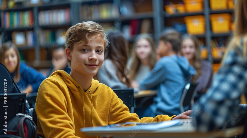 Poster An inclusive classroom where students with disabilities are engaged in group activities Stock Photo with copy space