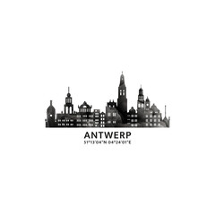 Obraz premium Antwerp panorama, vector badge, skyline logo and icon. Belgium city horizon logotype with landmarks and building silhouettes. Isolated foggy abstract gradient graphic