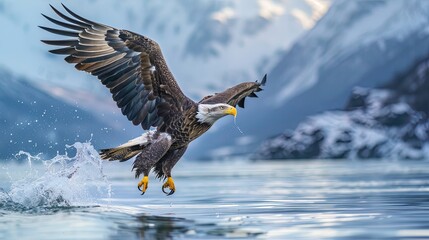 Obraz premium Majestic bald eagle catching prey over icy water