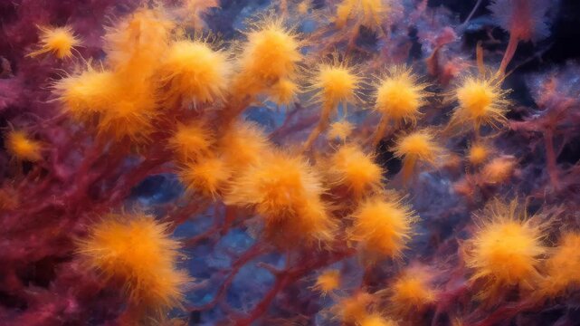 Microscope of mucous mold exploding in natural habitat, transparent filaments, shimmering spores. Microbiology laboratory concepts. Generative AI content