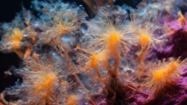 Microscope of mucous mold exploding in natural habitat, transparent filaments, shimmering spores. Microbiology laboratory concepts. Generative AI content