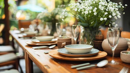 Fototapeta premium A beautifully set table with handmade ceramic plates, bowls, and cups, ready for a dinner party