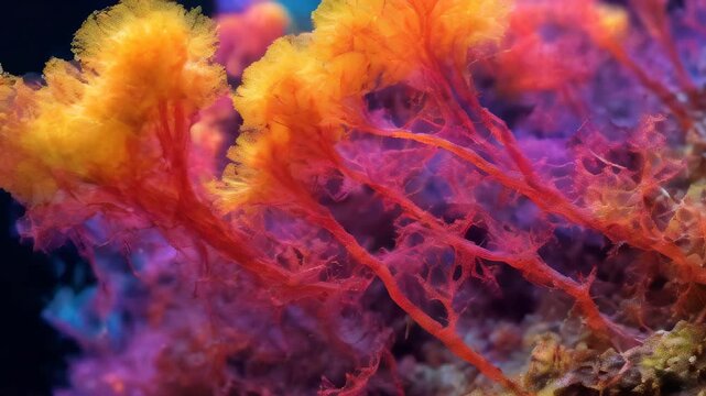 Microscope of mucous mold exploding in natural habitat, transparent filaments, shimmering spores. Microbiology laboratory concepts. Generative AI content